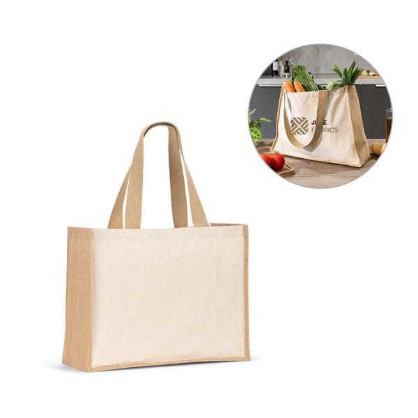 Canvas tas (320g/m²), met bodem en zijkanten van gelamineerd jute (350g/m²) in natuurlijke tinten