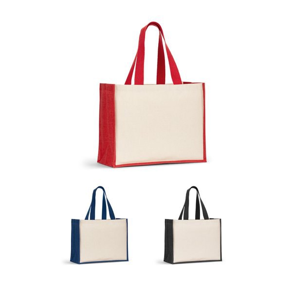 Canvas tas (320 g/m²), met bodem en zijkanten van gelamineerd jute (350 g/m²) in kleuren
