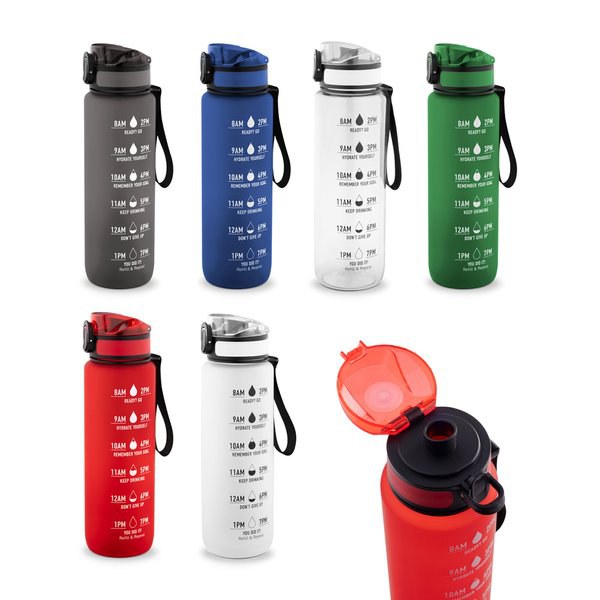 Fles van gerecycled PET (100% rPET), met motiverende teksten en tijdsaanduidingen om u aan te moedigen water te drinken